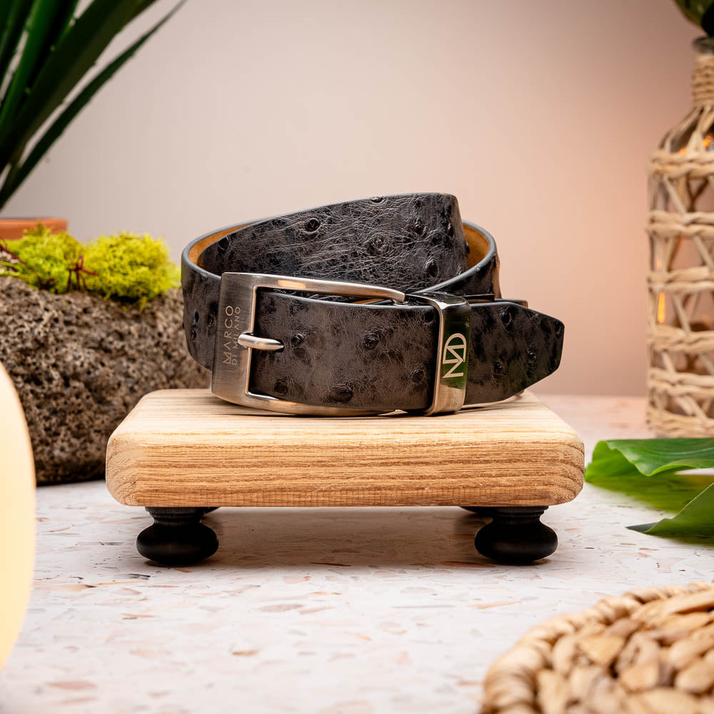 The Domenico Belt Antique Gray by Marco Di Milano, crafted from ostrich leather with a silver logo buckle, is coiled in a loop against a white background—an essential accessory for lovers of luxury footwear and premium belts.