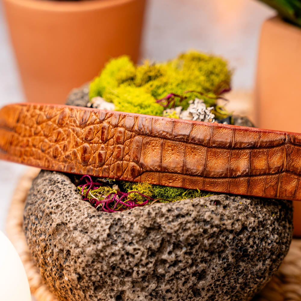 The Riccardo Belt Cognac by Marco Di Milano is a luxury exotic belt made from genuine caiman belly leather with a crocodile pattern and features a silver buckle engraved with the brand’s logo and signature.