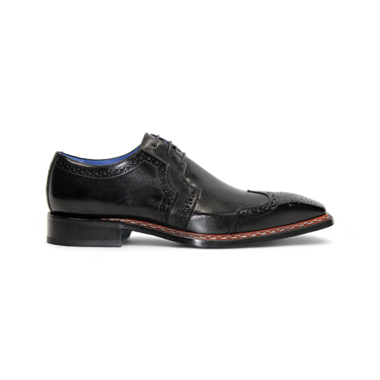 The Emilio Franco Marco Black dress shoe by Emilio Franco features genuine black leather, brogue detailing, a low heel, and a tailored fit, shown in side profile against a white background.