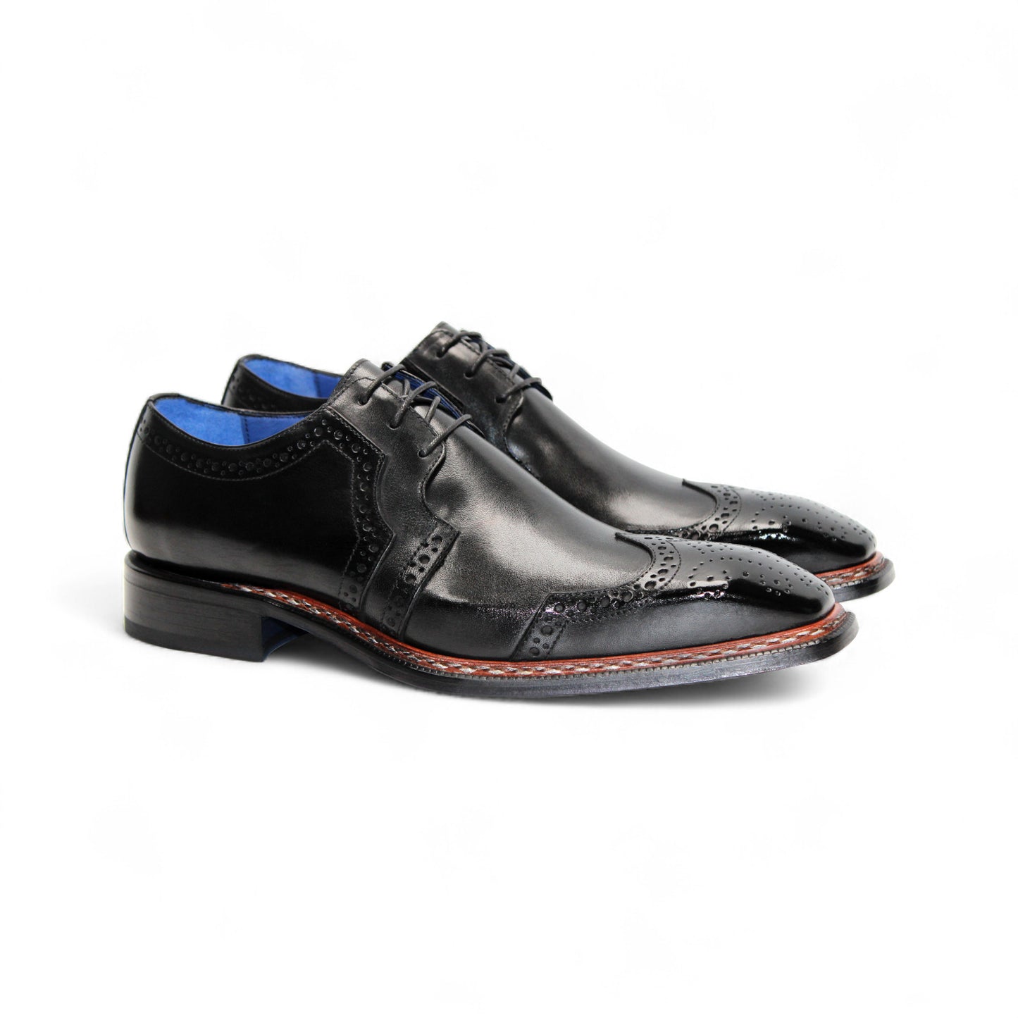 The Emilio Franco Marco Black dress shoe by Emilio Franco features genuine black leather, brogue detailing, a low heel, and a tailored fit, shown in side profile against a white background.