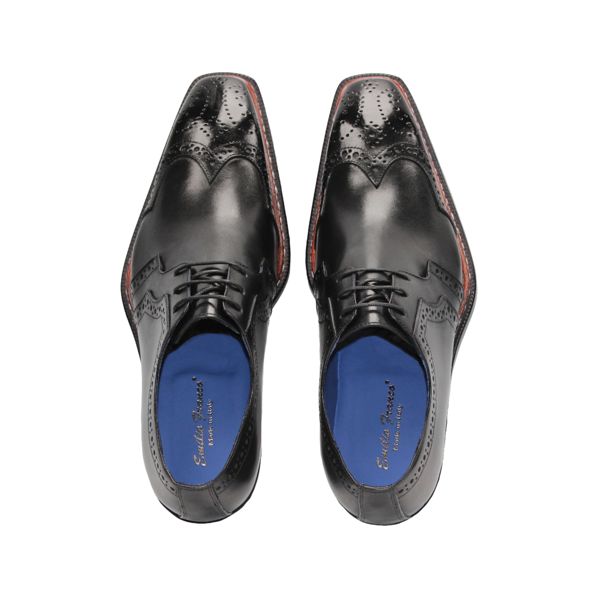 The Emilio Franco Marco Black dress shoe by Emilio Franco features genuine black leather, brogue detailing, a low heel, and a tailored fit, shown in side profile against a white background.
