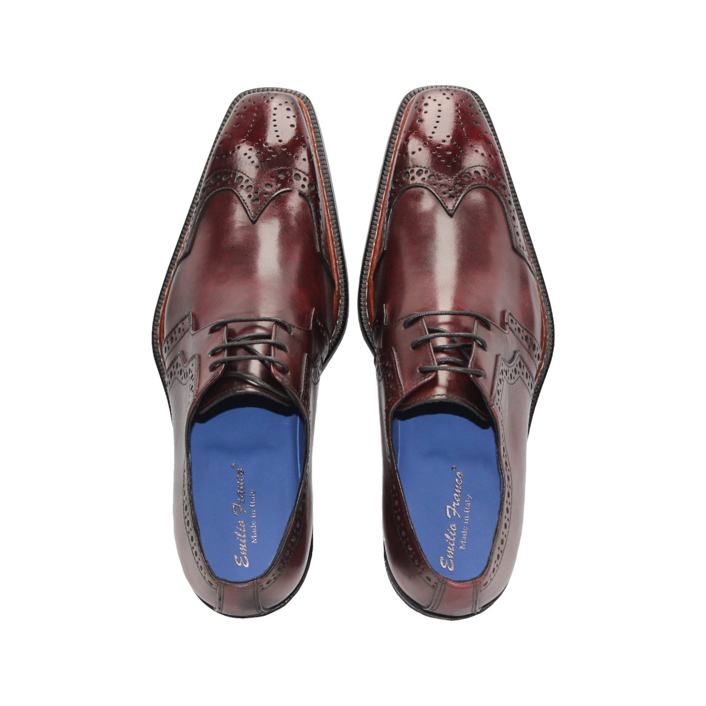 The Emilio Franco Marco Burgundy by Emilio Franco is a genuine leather oxford dress shoe with brogue detailing, closed lacing, and a low black heel, shown in profile on white—an elegant choice among timeless men's footwear.