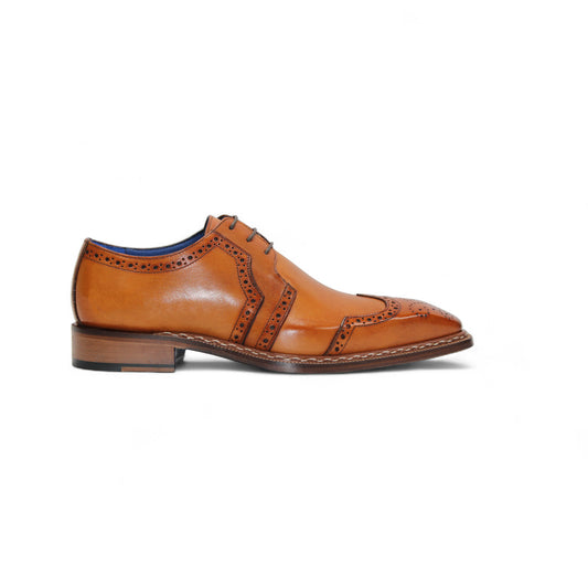 The Emilio Franco Marco Gold is a tan genuine leather dress shoe with brogue detailing, low heel, and laces, shown in profile on a white background.