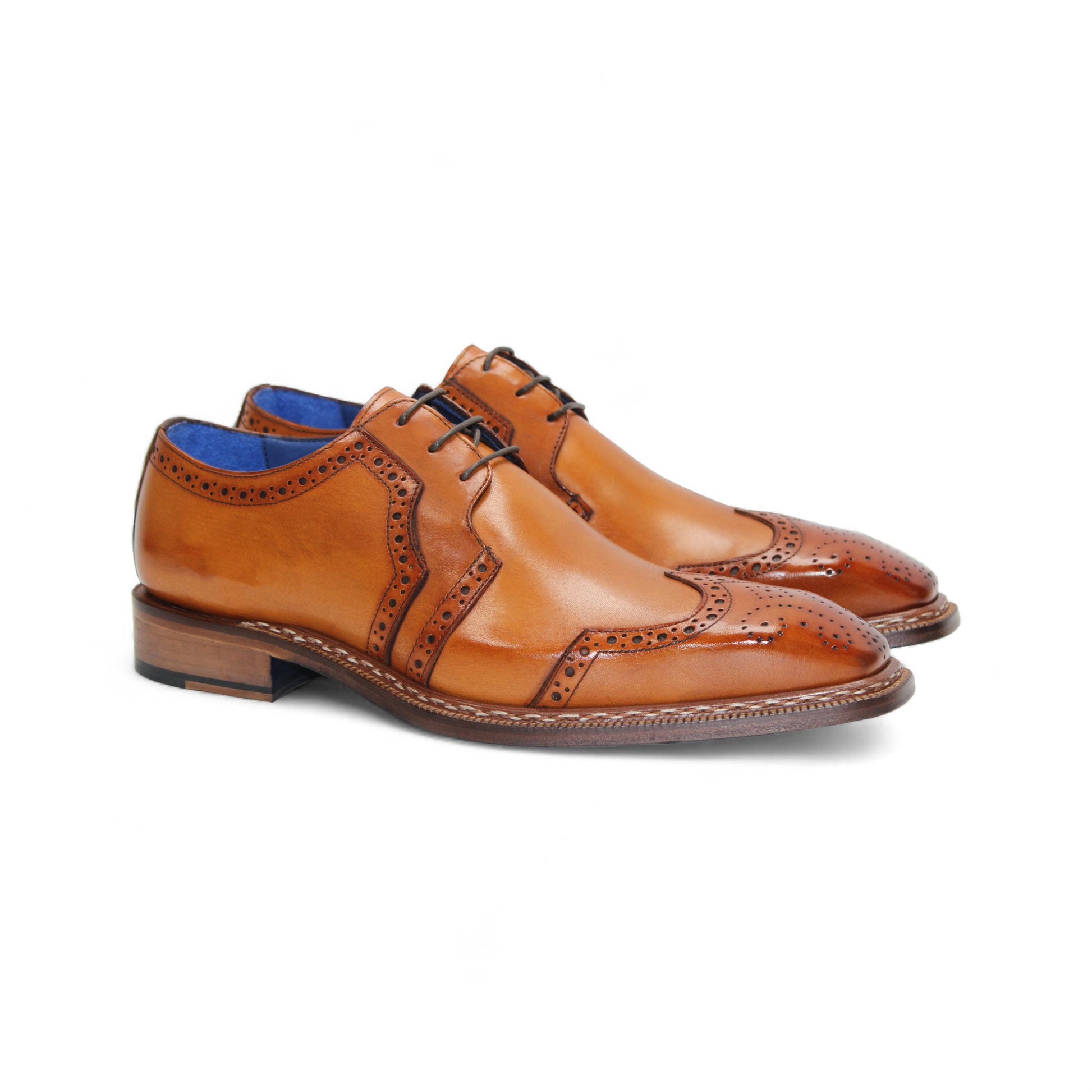 The Emilio Franco Marco Gold is a tan genuine leather dress shoe with brogue detailing, low heel, and laces, shown in profile on a white background.