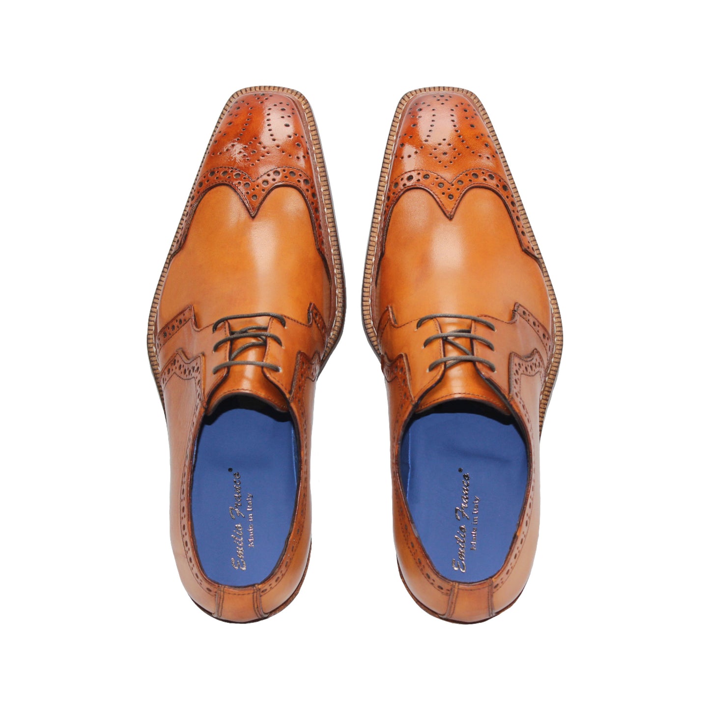 The Emilio Franco Marco Gold is a tan genuine leather dress shoe with brogue detailing, low heel, and laces, shown in profile on a white background.