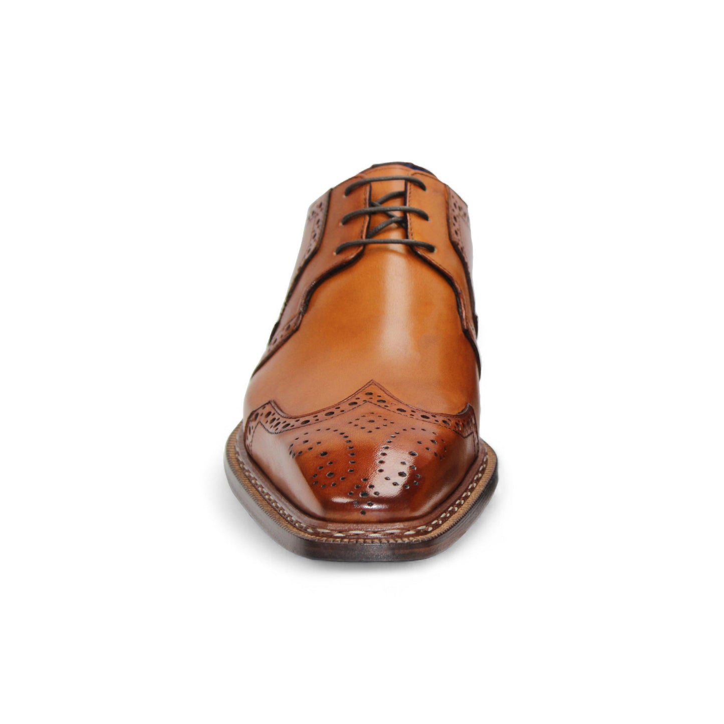 The Emilio Franco Marco Gold is a tan genuine leather dress shoe with brogue detailing, low heel, and laces, shown in profile on a white background.