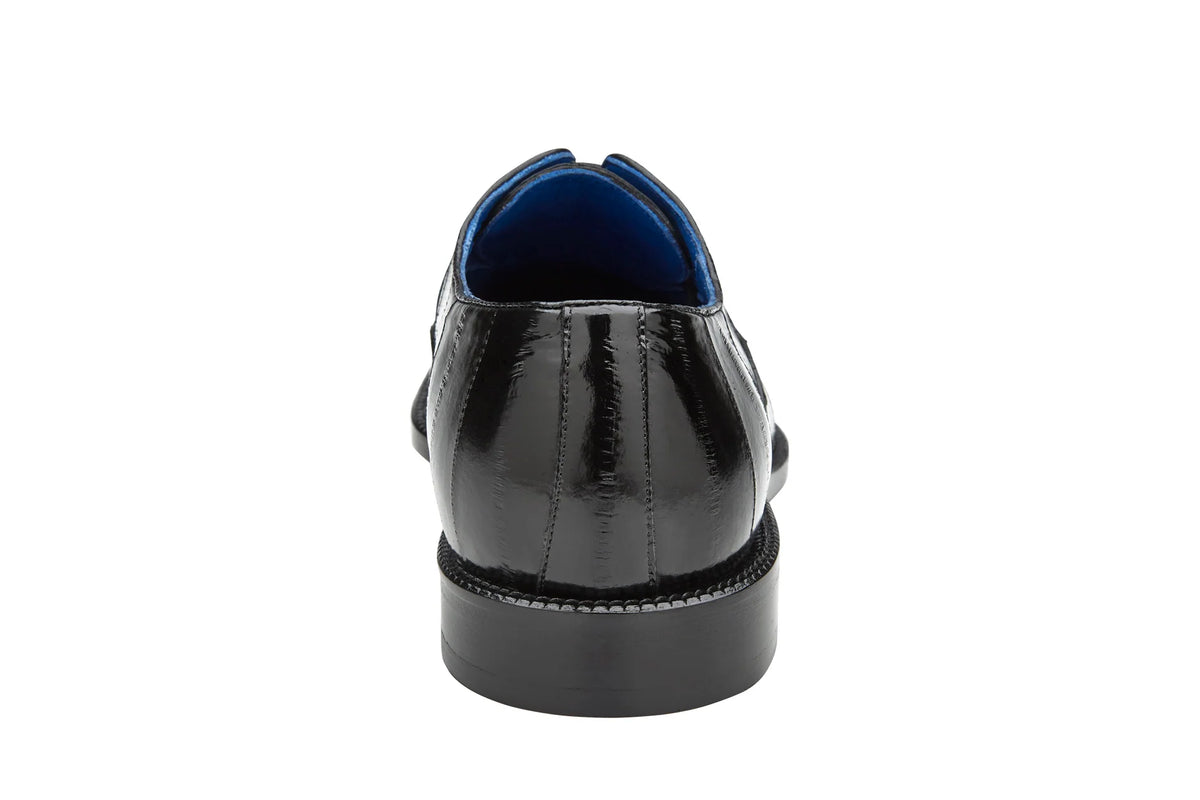 Belvedere - Mare, Genuine Ostrich and Eel Dress Shoe - Black - 2P7 black leather lace-up dress shoe with textured ostrich leather paneling.