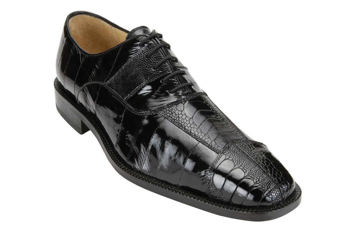 Belvedere - Mare, Genuine Ostrich and Eel Dress Shoe - Black - 2P7 black leather lace-up dress shoe with textured ostrich leather paneling.