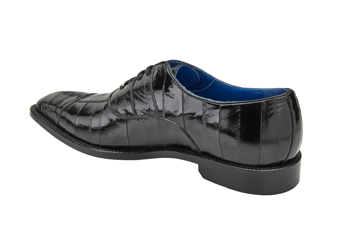 Belvedere - Mare, Genuine Ostrich and Eel Dress Shoe - Black - 2P7 black leather lace-up dress shoe with textured ostrich leather paneling.
