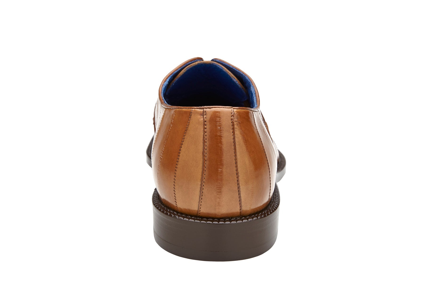 Side view of the Belvedere Mare dress shoe, crafted from genuine ostrich and eel in camel color, featuring a lace-up design and low heel. Available in size 9.5 only, it's an elegant choice for formal wear.