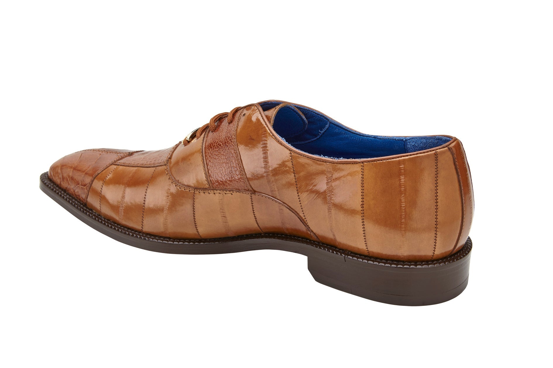 Side view of the Belvedere Mare dress shoe, crafted from genuine ostrich and eel in camel color, featuring a lace-up design and low heel. Available in size 9.5 only, it's an elegant choice for formal wear.