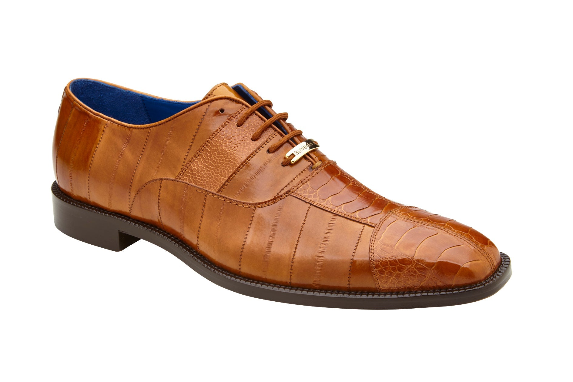 Side view of the Belvedere Mare dress shoe, crafted from genuine ostrich and eel in camel color, featuring a lace-up design and low heel. Available in size 9.5 only, it's an elegant choice for formal wear.