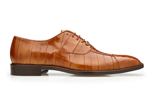 Side view of the Belvedere Mare dress shoe, crafted from genuine ostrich and eel in camel color, featuring a lace-up design and low heel. Available in size 9.5 only, it's an elegant choice for formal wear.
