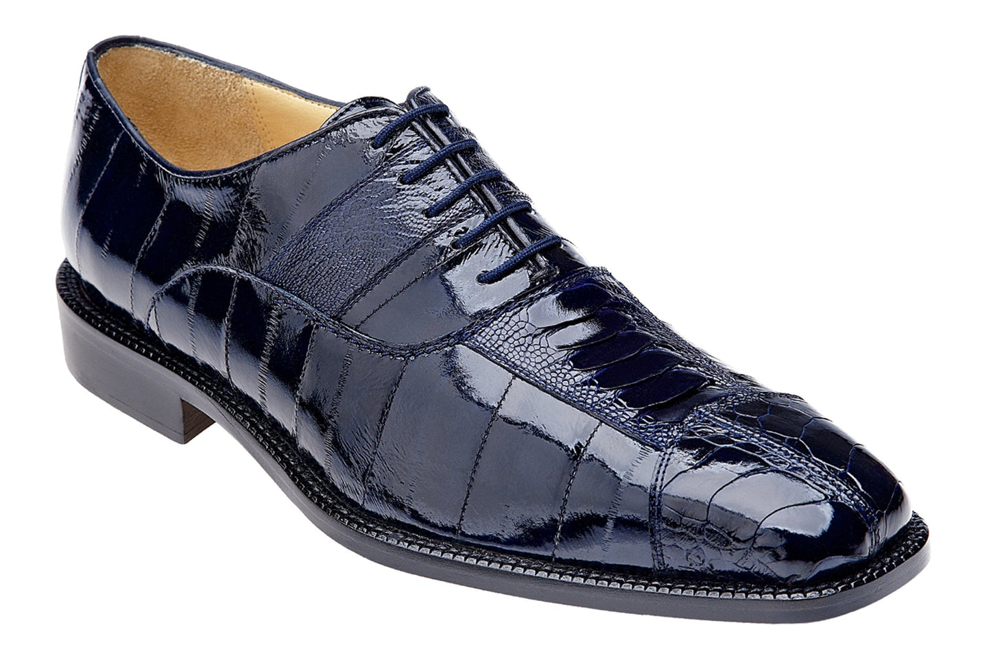 The Belvedere - Mare, a genuine ostrich and eel dress shoe in navy, is showcased on a white background. Crafted by BELVEDERE, this sophisticated shoe boasts a sleek leather sole, low heel, and lace-up closure, perfectly fusing elegance with style.