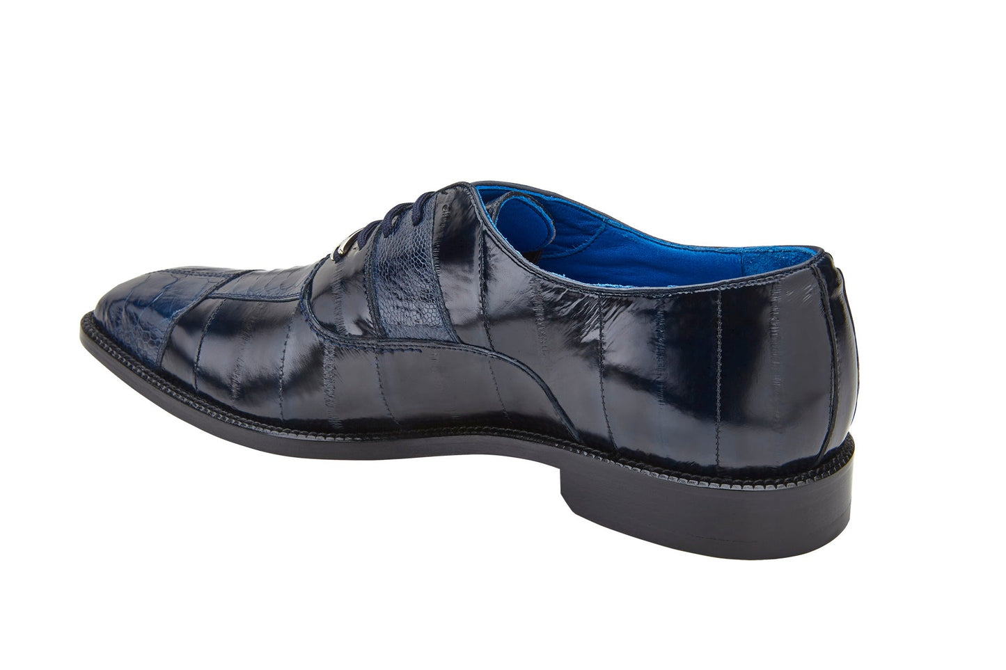 The Belvedere - Mare, a genuine ostrich and eel dress shoe in navy, is showcased on a white background. Crafted by BELVEDERE, this sophisticated shoe boasts a sleek leather sole, low heel, and lace-up closure, perfectly fusing elegance with style.