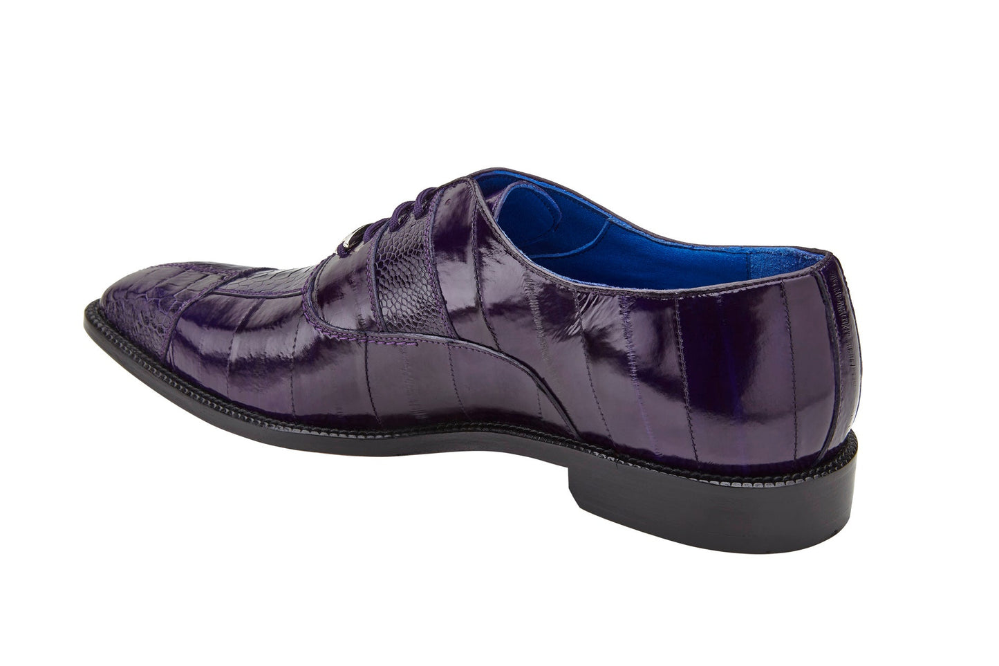 The Belvedere - Mare is a sleek purple dress shoe made from genuine ostrich and eel leather, featuring laces and a low heel.