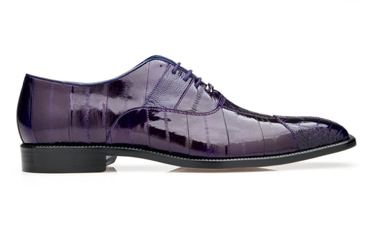 The Belvedere - Mare is a sleek purple dress shoe made from genuine ostrich and eel leather, featuring laces and a low heel.