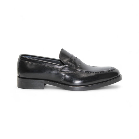 The Firmani Mark Black loafer by Firmani, crafted from Italian leather, is shown in a left side profile on a plain white background—an elegant option in men’s dress shoes.