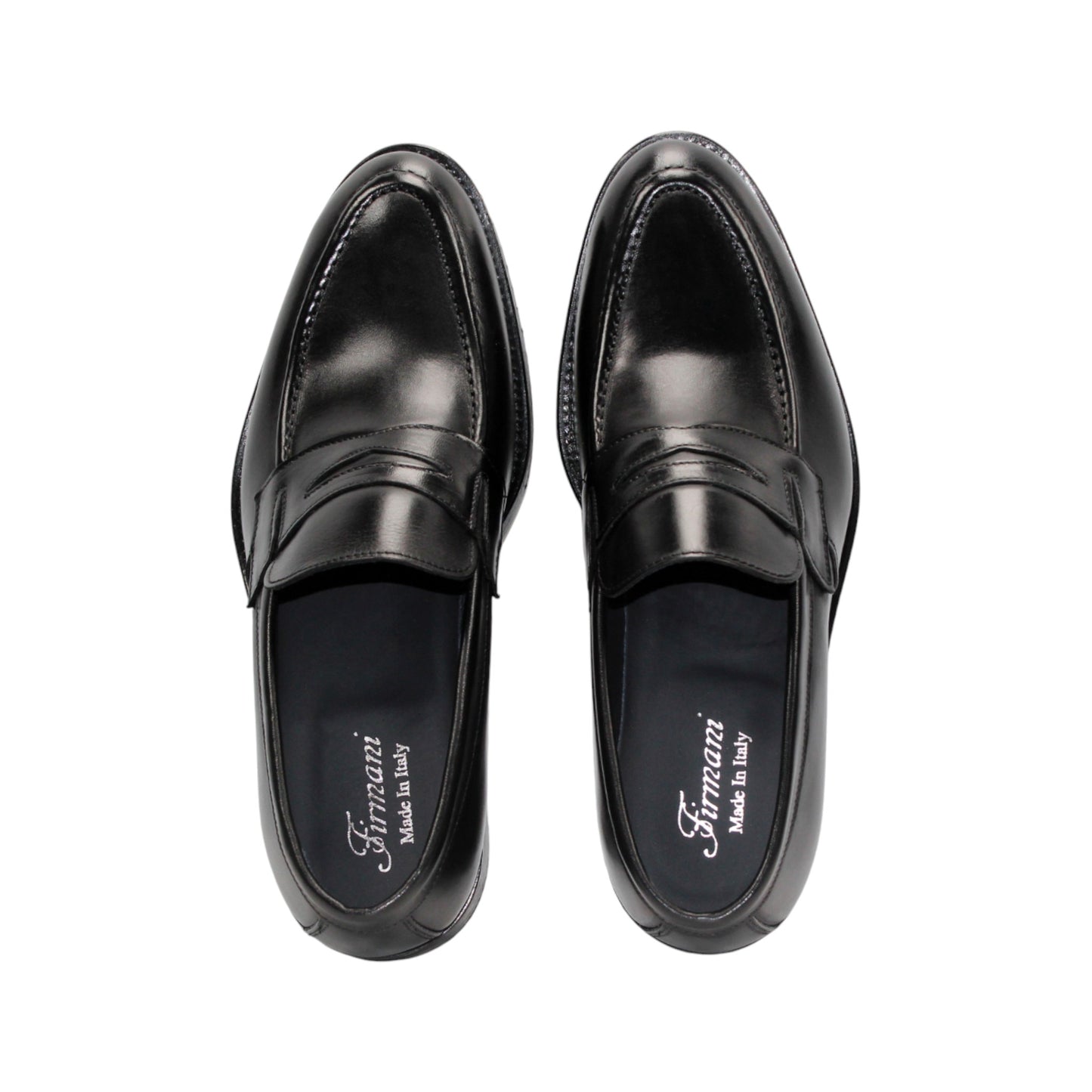 The Firmani Mark Black loafer by Firmani, crafted from Italian leather, is shown in a left side profile on a plain white background—an elegant option in men’s dress shoes.