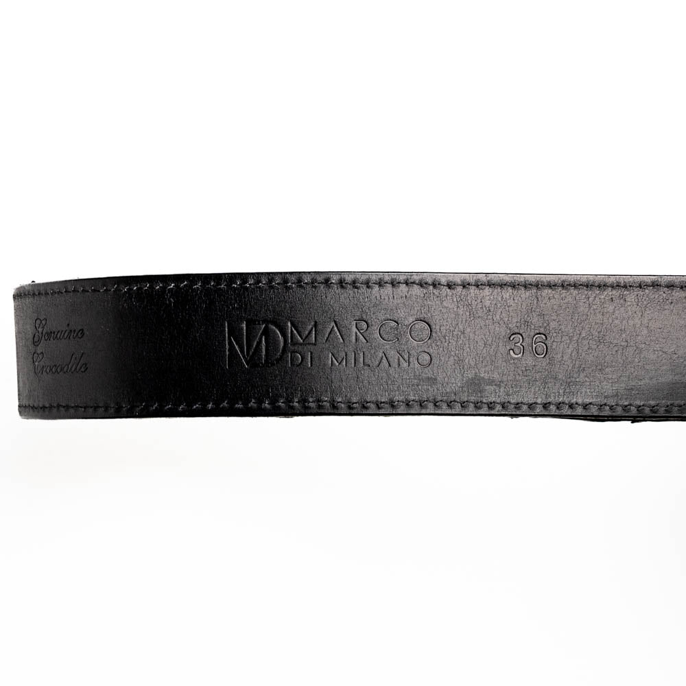 The Marlboro Belt Black by Marco Di Milano features textured hornback caiman leather and a gold buckle with stylized "MD" initials, displayed against a white background.