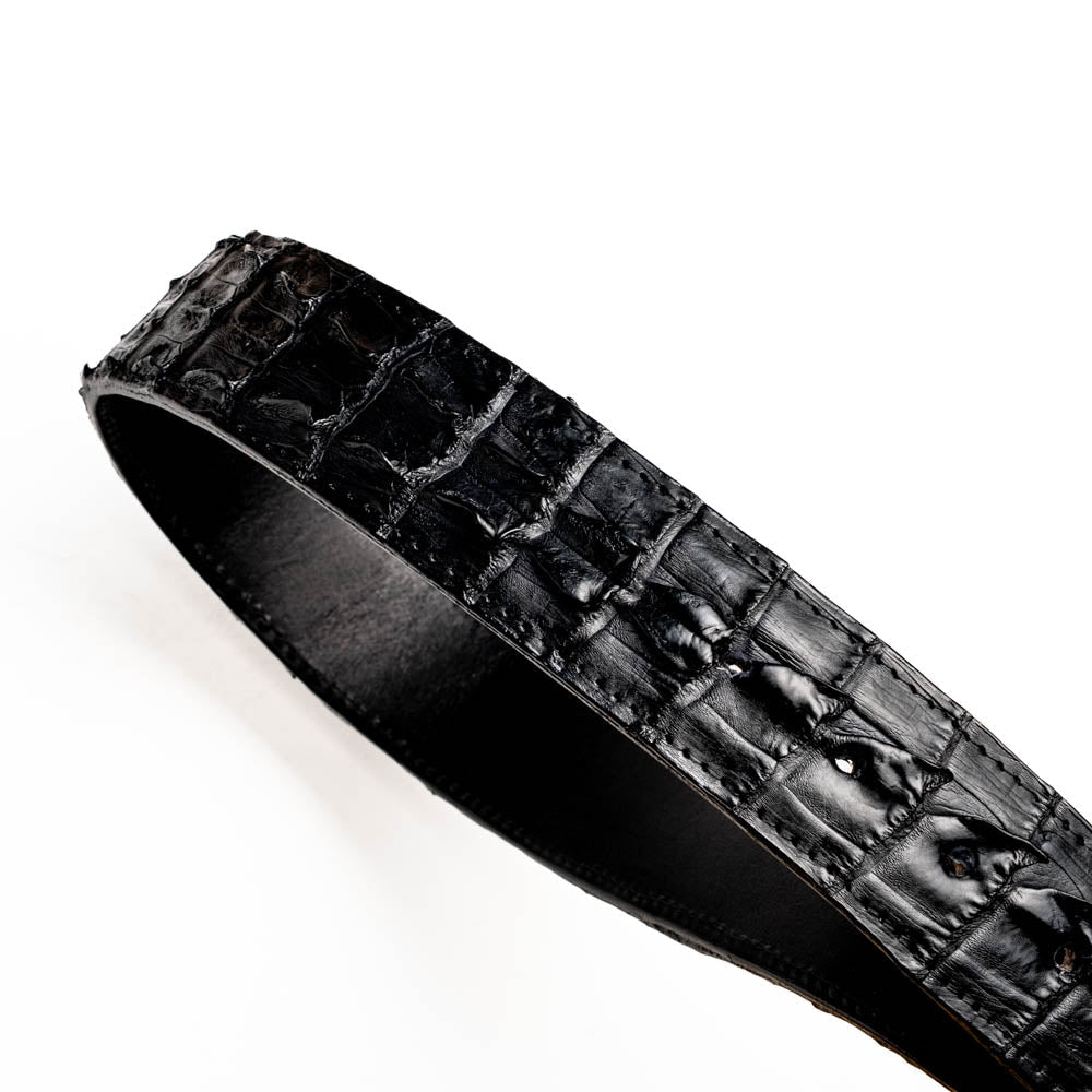 The Marlboro Belt Black by Marco Di Milano features textured hornback caiman leather and a gold buckle with stylized "MD" initials, displayed against a white background.
