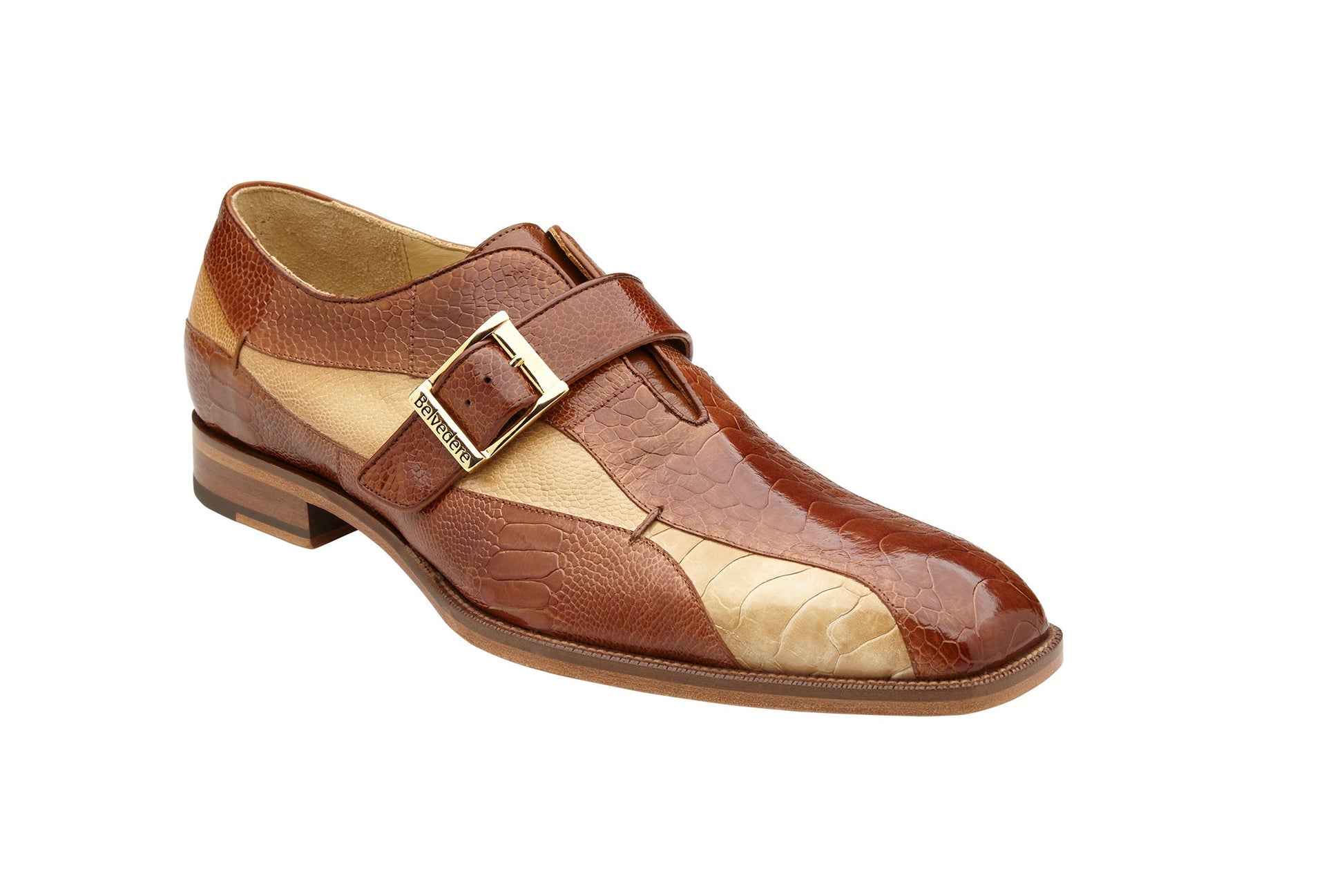 The BELVEDERE Belvedere - Marte is a genuine ostrich leg dress shoe in Ant. Camel/Bone with a monk strap, gold buckle, low heel, and cushioned insole for comfort. Model R810.