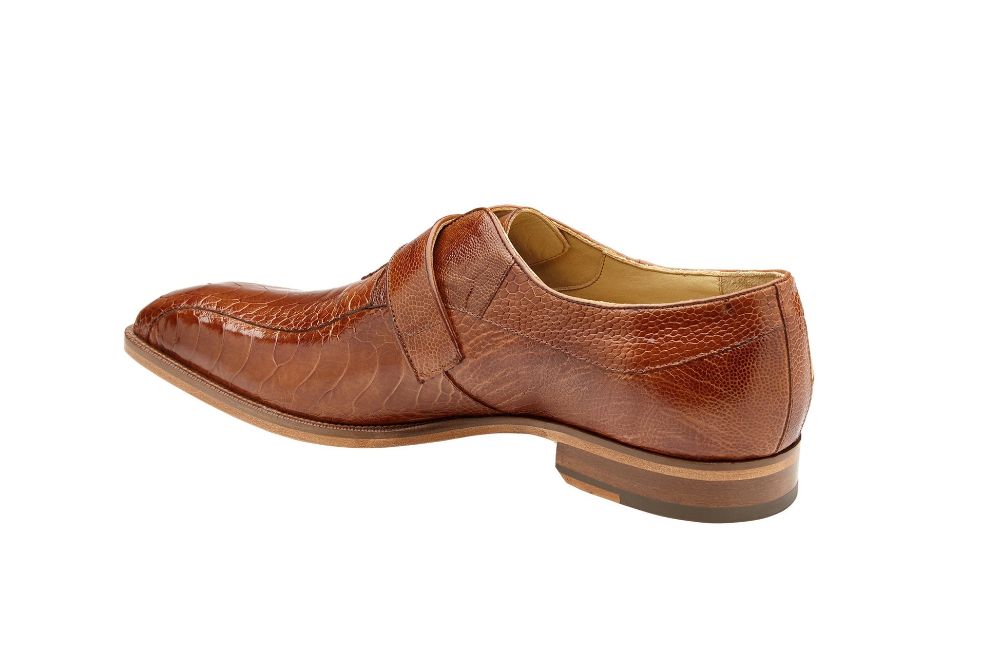The BELVEDERE Belvedere - Marte is a genuine ostrich leg dress shoe in Ant. Camel/Bone with a monk strap, gold buckle, low heel, and cushioned insole for comfort. Model R810.