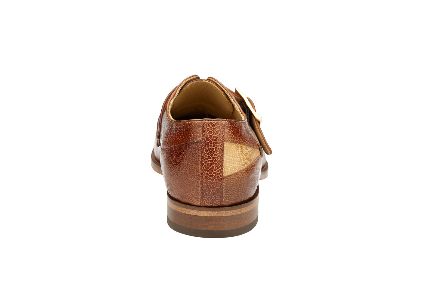 The BELVEDERE Belvedere - Marte is a genuine ostrich leg dress shoe in Ant. Camel/Bone with a monk strap, gold buckle, low heel, and cushioned insole for comfort. Model R810.