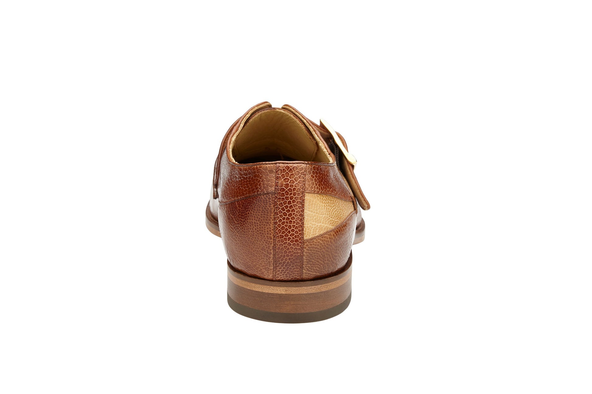 The BELVEDERE Belvedere - Marte is a genuine ostrich leg dress shoe in Ant. Camel/Bone with a monk strap, gold buckle, low heel, and cushioned insole for comfort. Model R810.