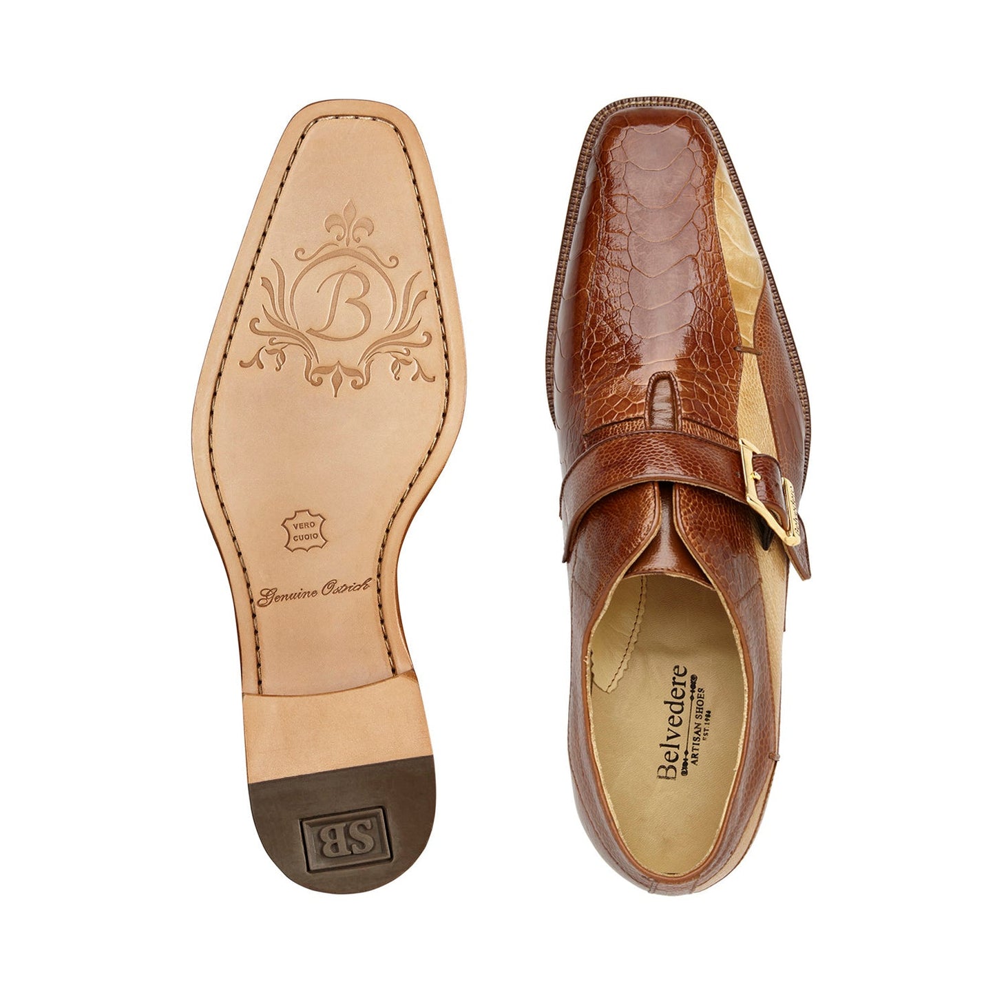 The BELVEDERE Belvedere - Marte is a genuine ostrich leg dress shoe in Ant. Camel/Bone with a monk strap, gold buckle, low heel, and cushioned insole for comfort. Model R810.
