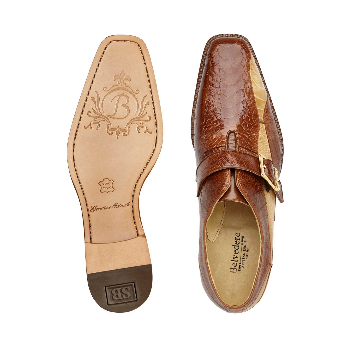 The BELVEDERE Belvedere - Marte is a genuine ostrich leg dress shoe in Ant. Camel/Bone with a monk strap, gold buckle, low heel, and cushioned insole for comfort. Model R810.