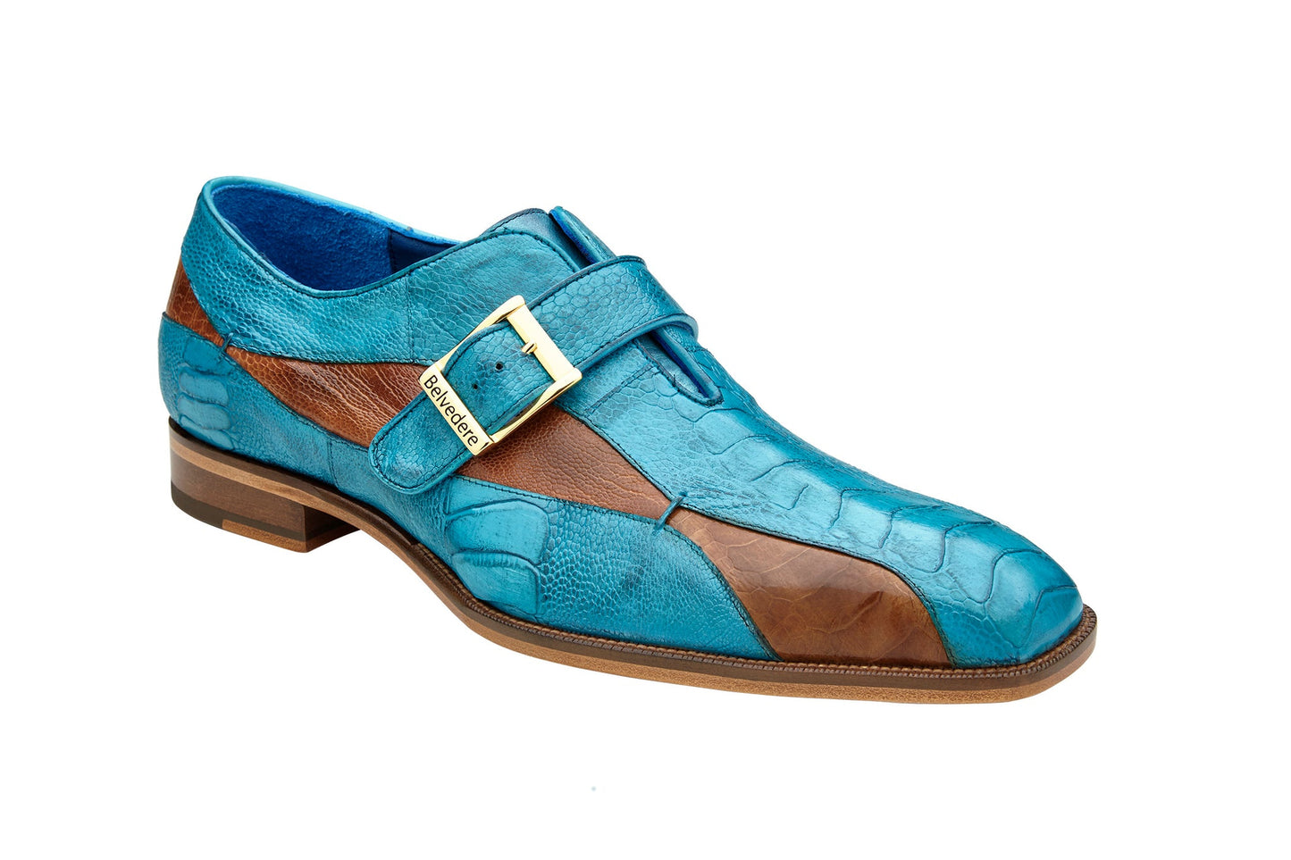 The BELVEDERE Belvedere - Marte is a men's genuine ostrich leg monk strap dress shoe in Antique Ocean Blue/Brandy, featuring a single buckle, textured glossy finish, leather sole, and shown in side profile (Style: R810).