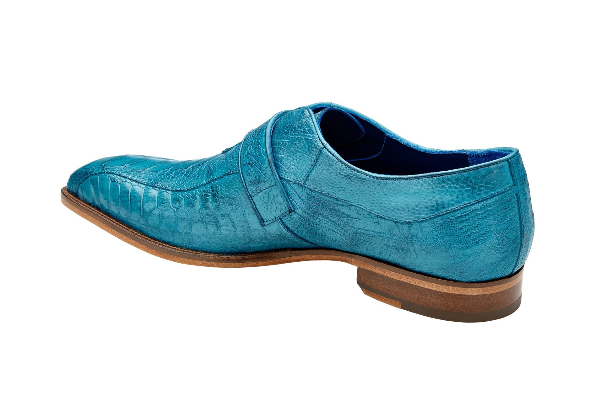 The BELVEDERE Belvedere - Marte is a men's genuine ostrich leg monk strap dress shoe in Antique Ocean Blue/Brandy, featuring a single buckle, textured glossy finish, leather sole, and shown in side profile (Style: R810).