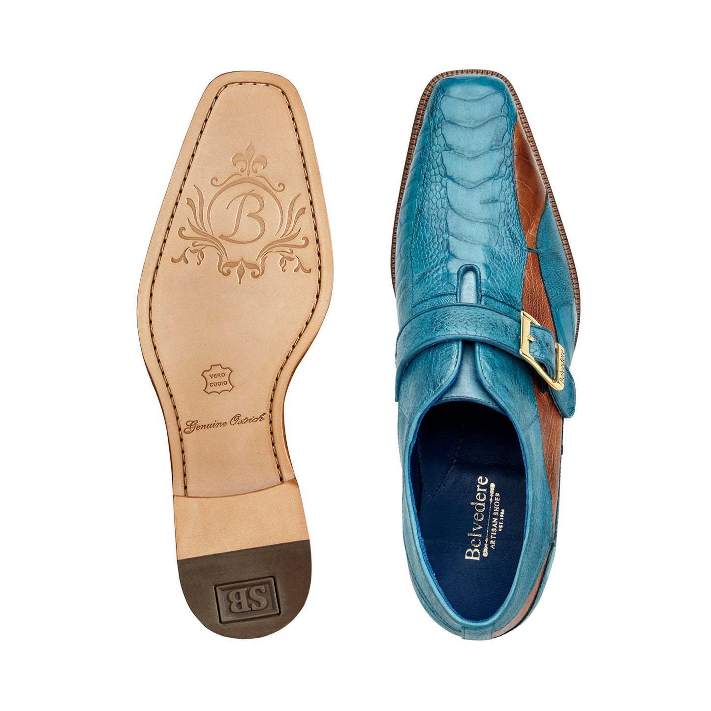 The BELVEDERE Belvedere - Marte is a men's genuine ostrich leg monk strap dress shoe in Antique Ocean Blue/Brandy, featuring a single buckle, textured glossy finish, leather sole, and shown in side profile (Style: R810).