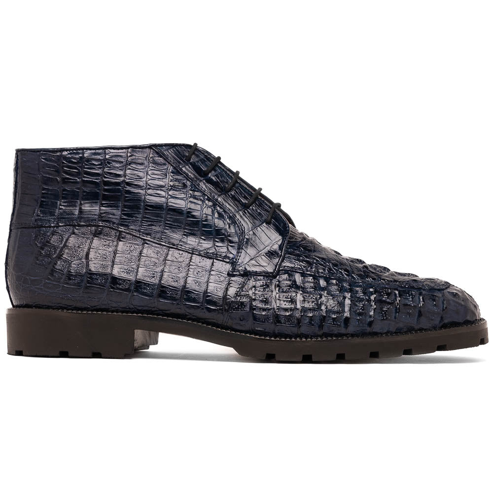 The Martinelli Navy by Marco Di Milano are genuine caiman crocodile boots in dark blue with a lace-up design and rugged black soles—perfect for men who love exotic footwear.
