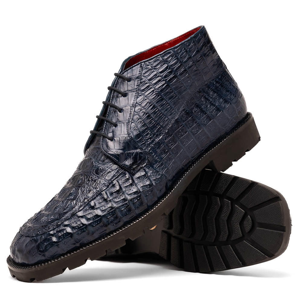 The Martinelli Navy by Marco Di Milano are genuine caiman crocodile boots in dark blue with a lace-up design and rugged black soles—perfect for men who love exotic footwear.