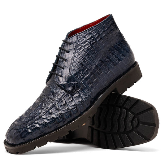 The Martinelli Navy by Marco Di Milano are genuine caiman crocodile boots in dark blue with a lace-up design and rugged black soles—perfect for men who love exotic footwear.