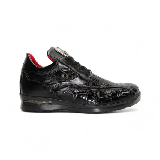 The Fennix Mason Black by Fennix of Italy is a black leather sneaker with textured detail, black laces, low heel, and red inner lining—an elegant modern style shown in profile on a white background.