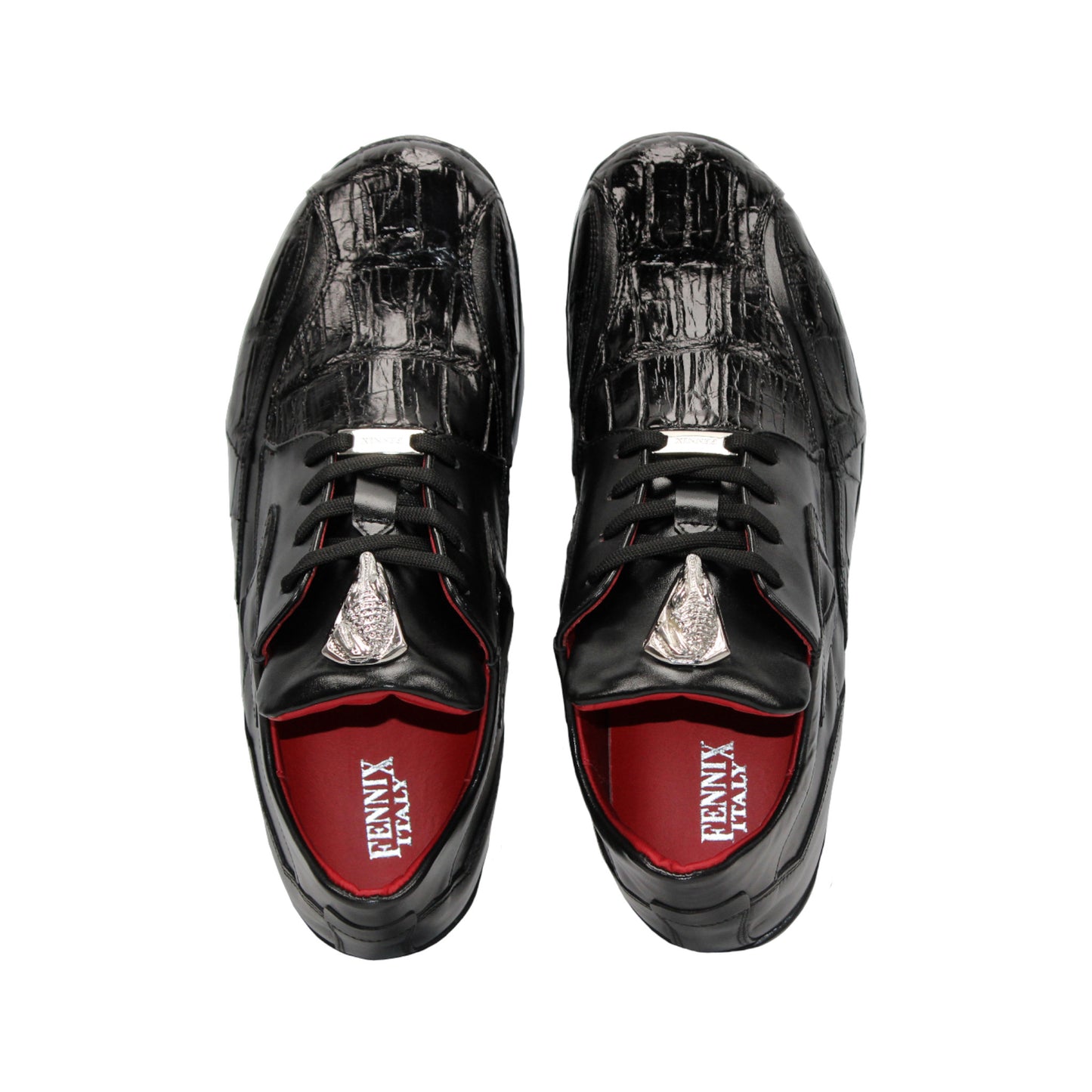 The Fennix Mason Black by Fennix of Italy is a black leather sneaker with textured detail, black laces, low heel, and red inner lining—an elegant modern style shown in profile on a white background.