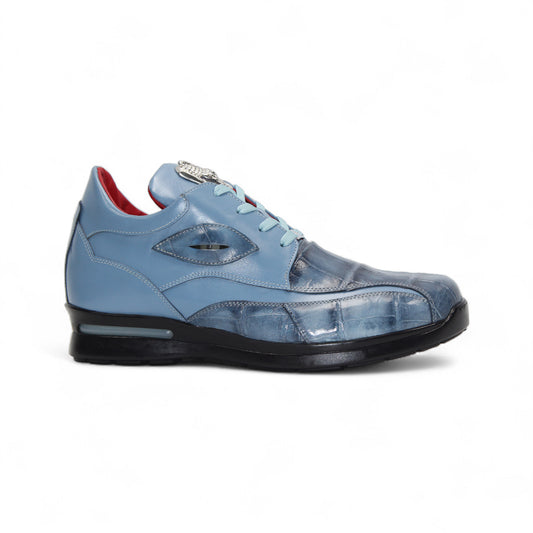 The Fennix of Italy Fennix Mason Light Blue sneaker features modern blue leather design, light blue laces, a black sole, and red interior accents, shown individually on a white background.