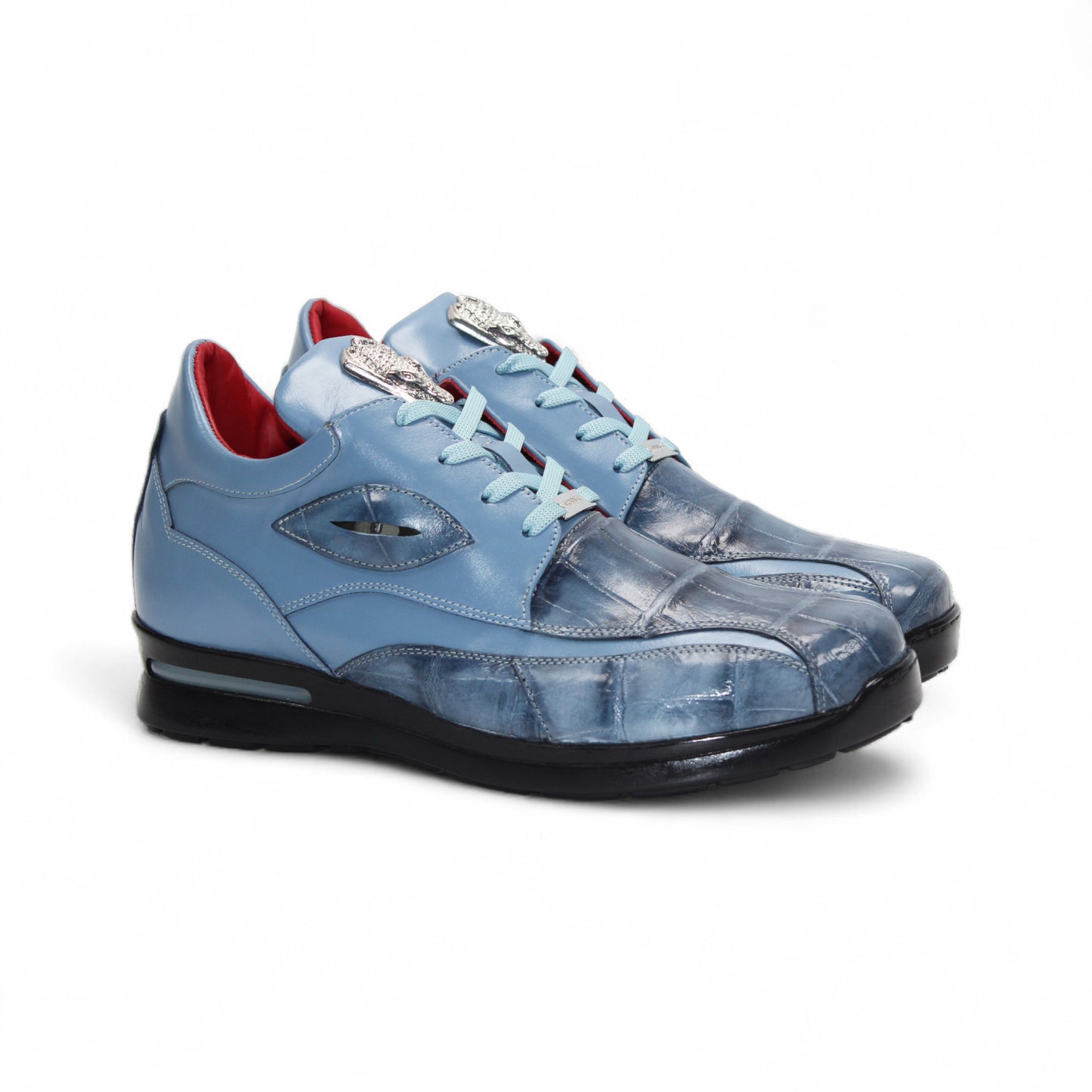 The Fennix of Italy Fennix Mason Light Blue sneaker features modern blue leather design, light blue laces, a black sole, and red interior accents, shown individually on a white background.