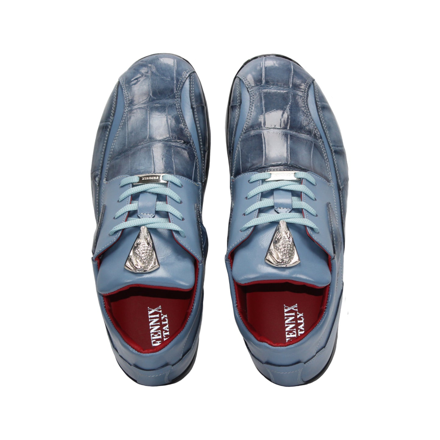 The Fennix of Italy Fennix Mason Light Blue sneaker features modern blue leather design, light blue laces, a black sole, and red interior accents, shown individually on a white background.