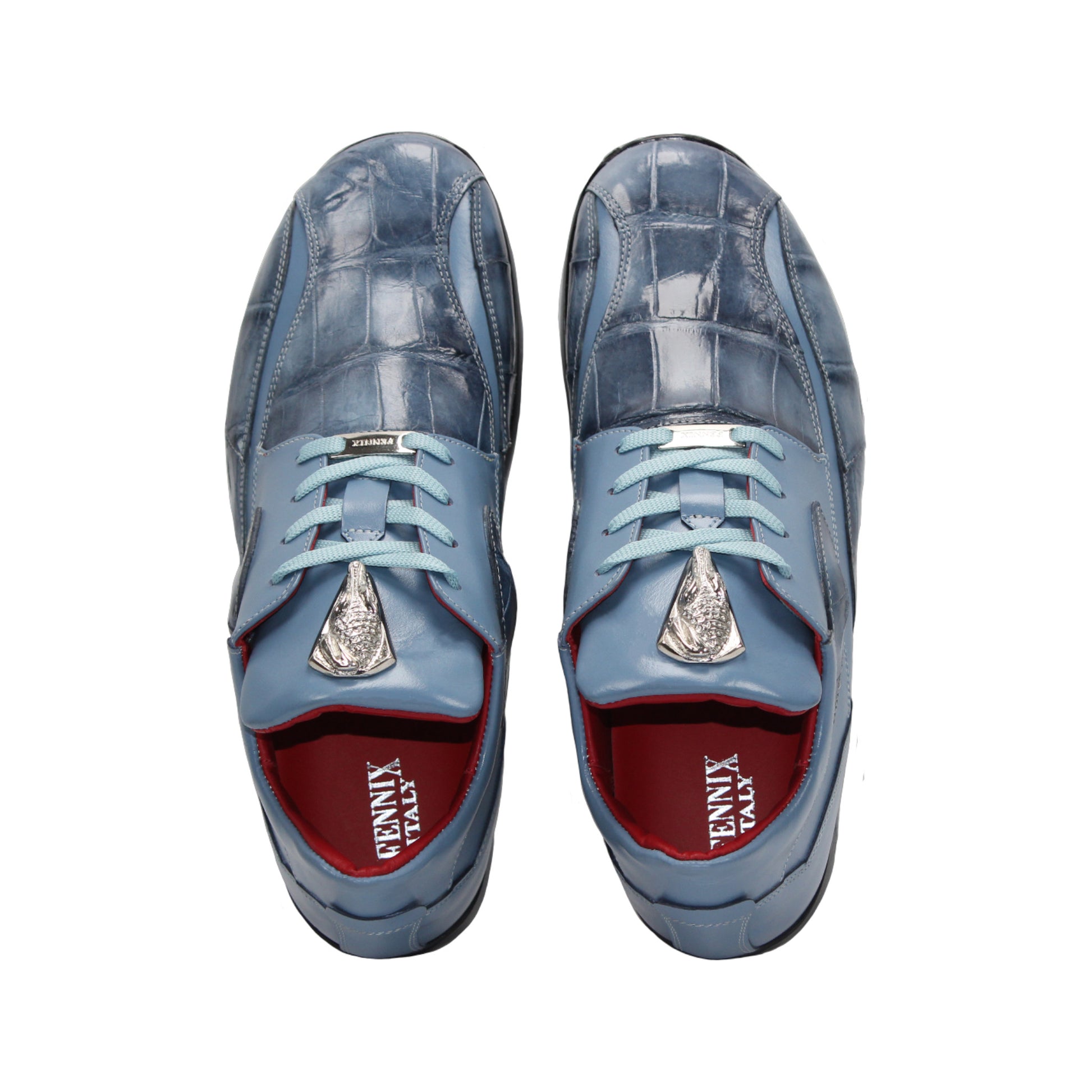 The Fennix of Italy Fennix Mason Light Blue sneaker features modern blue leather design, light blue laces, a black sole, and red interior accents, shown individually on a white background.