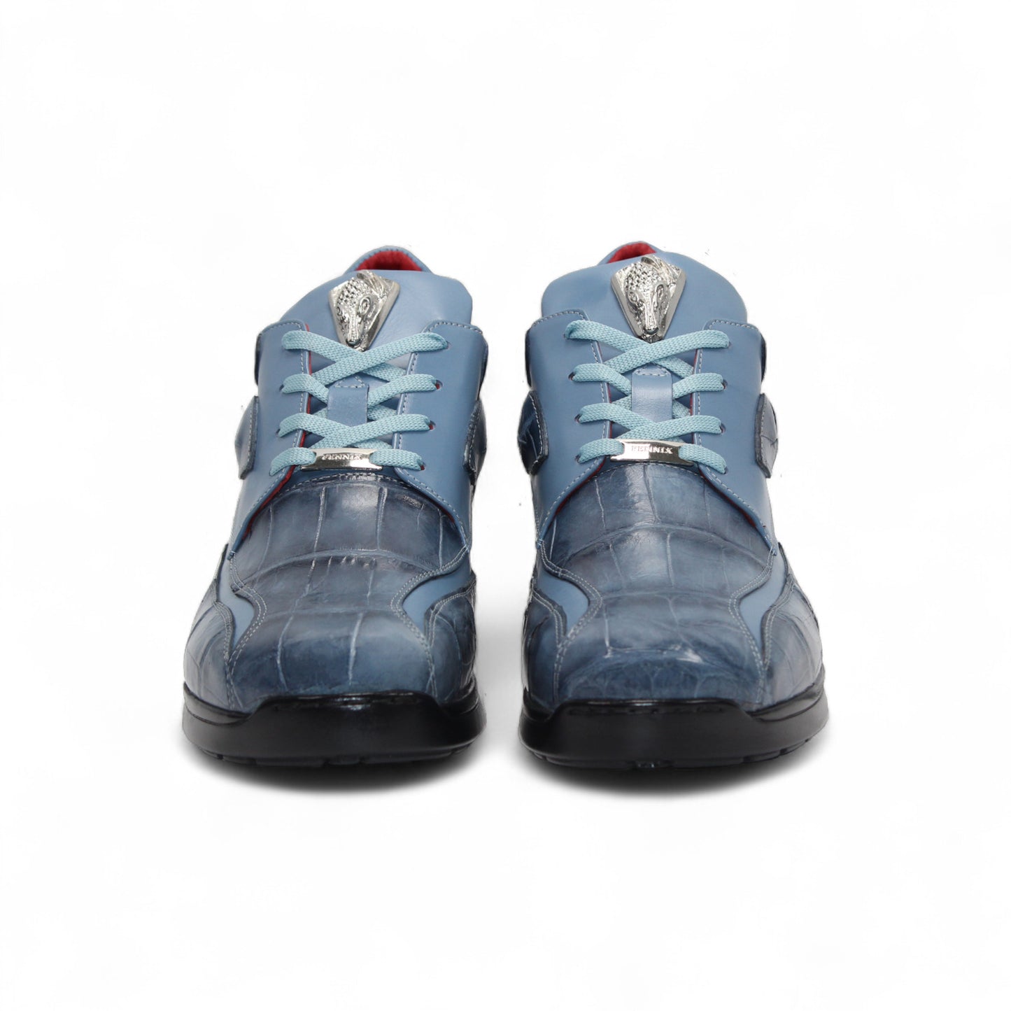 The Fennix of Italy Fennix Mason Light Blue sneaker features modern blue leather design, light blue laces, a black sole, and red interior accents, shown individually on a white background.