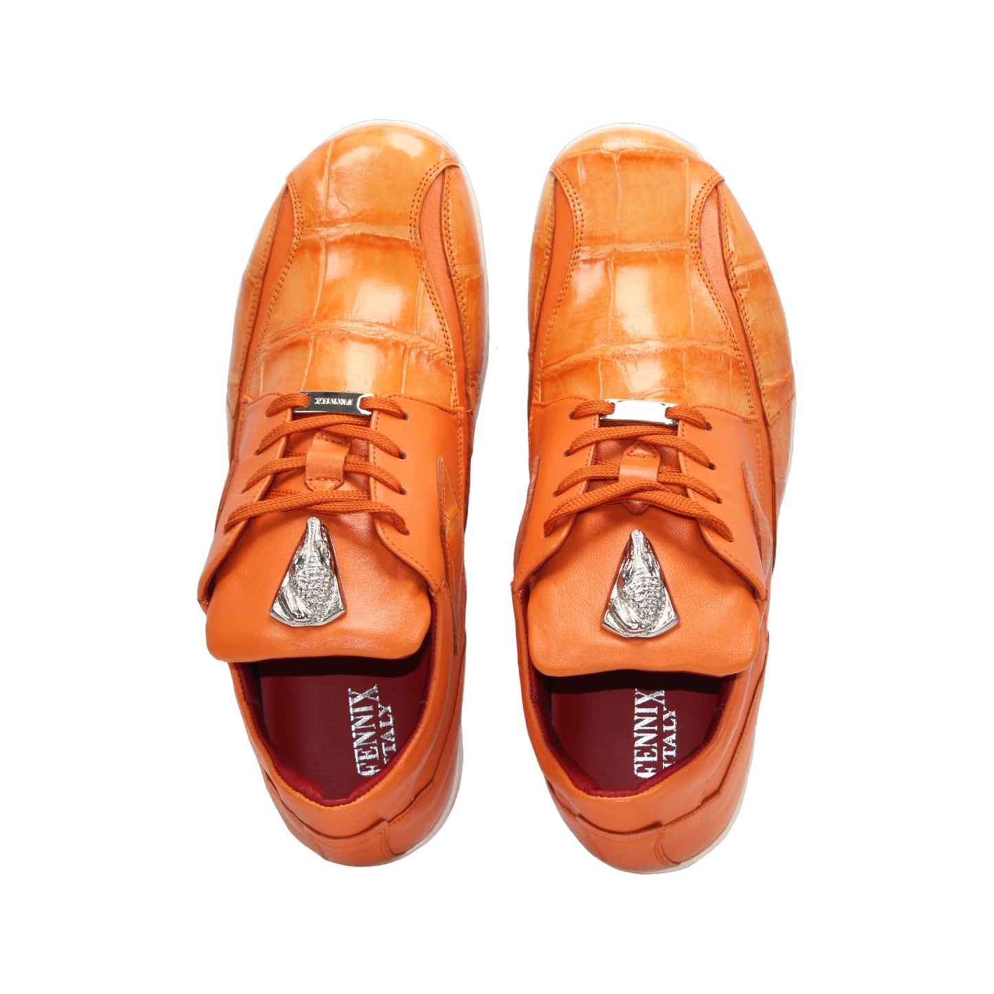 The Fennix Mason Orange by Fennix of Italy is an Italian leather sneaker with a white sole, side cut-out, and lace-up closure—a modern footwear choice to elevate your everyday style.