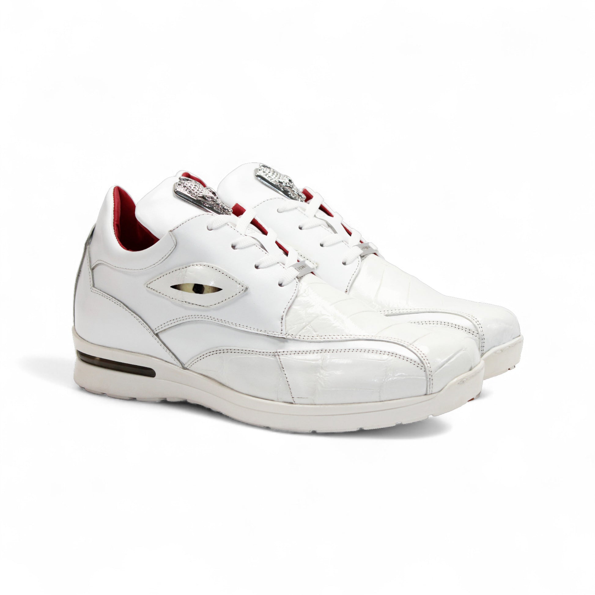 The Fennix Mason White by Fennix of Italy are modern white leather sneakers with silver accents and red inner lining, shown side by side on a white background.