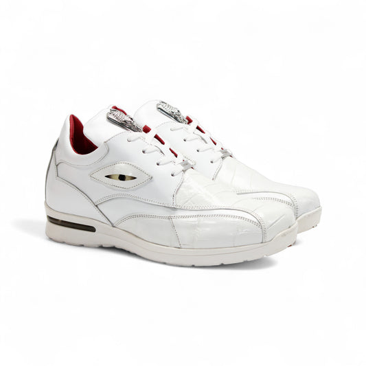 The Fennix Mason White by Fennix of Italy are modern white leather sneakers with silver accents and red inner lining, shown side by side on a white background.