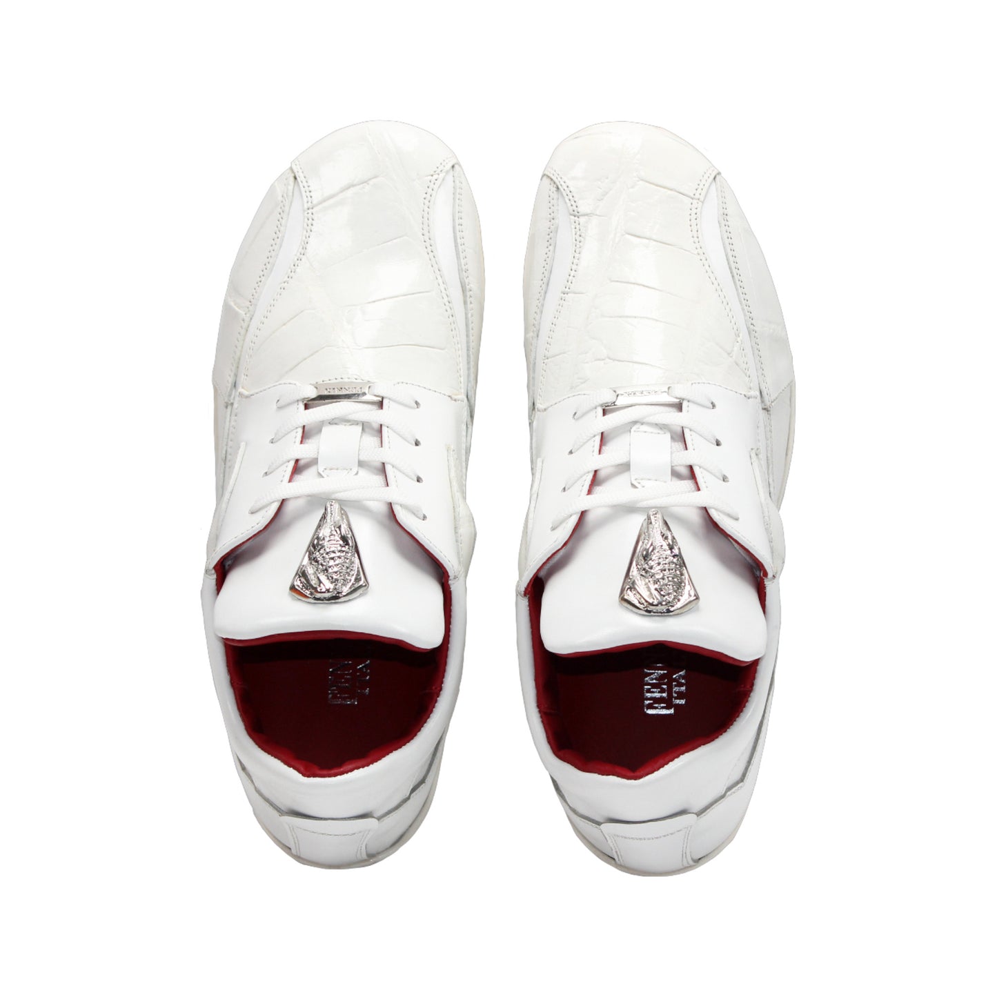 The Fennix Mason White by Fennix of Italy are modern white leather sneakers with silver accents and red inner lining, shown side by side on a white background.