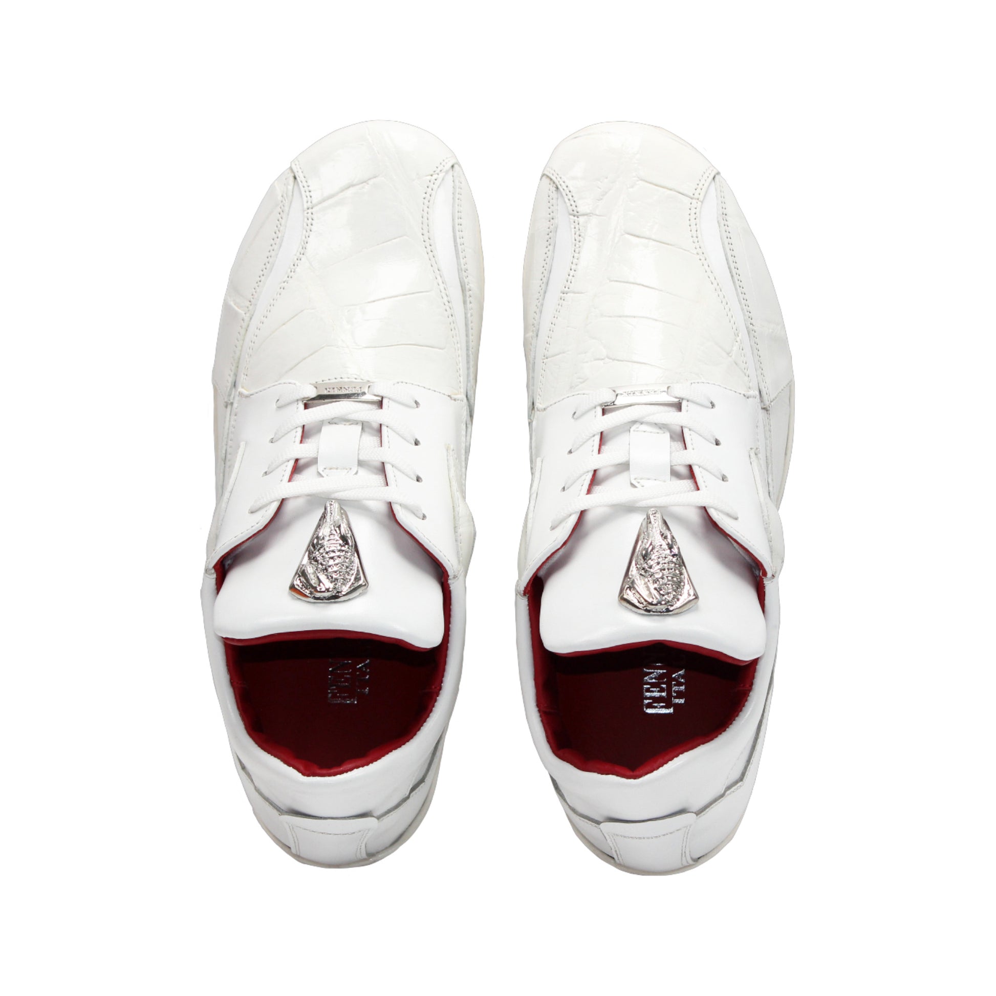 The Fennix Mason White by Fennix of Italy are modern white leather sneakers with silver accents and red inner lining, shown side by side on a white background.