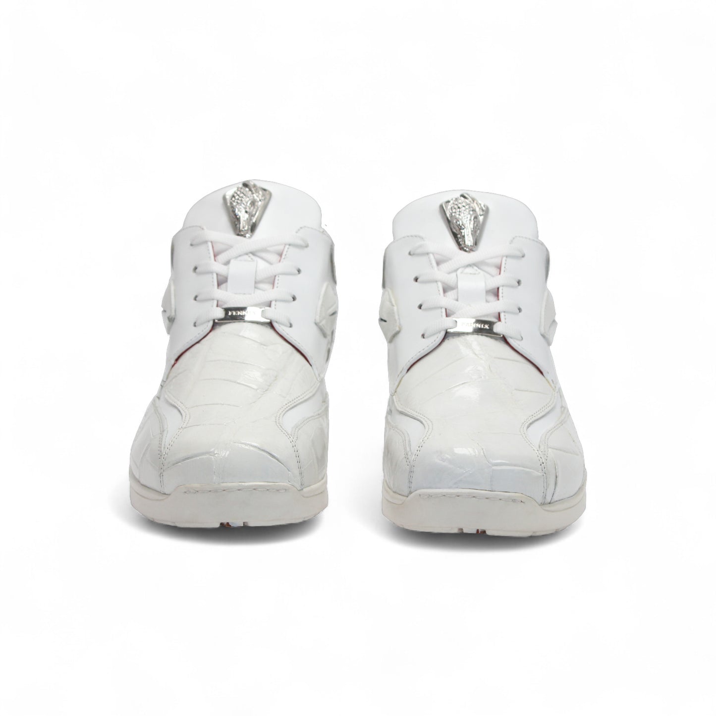 The Fennix Mason White by Fennix of Italy are modern white leather sneakers with silver accents and red inner lining, shown side by side on a white background.